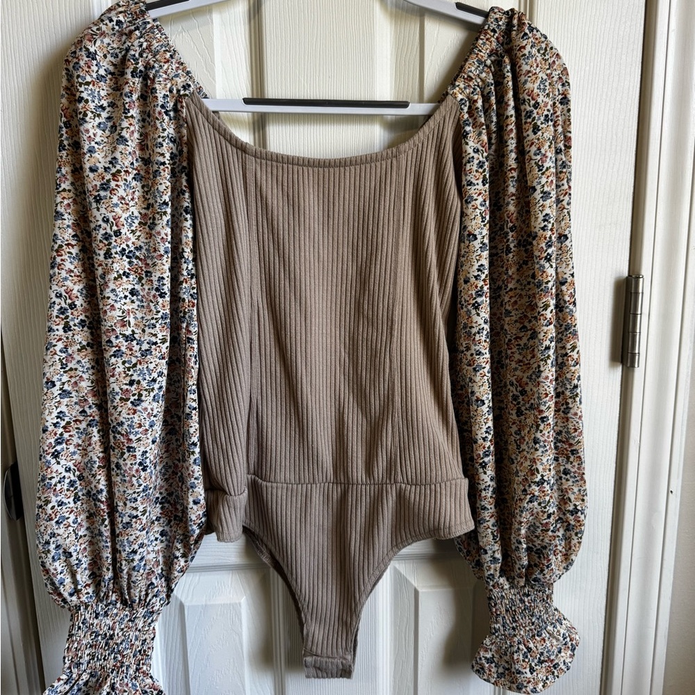Promesa Ribbed Tan Bodysuit with Patterned Sleeves